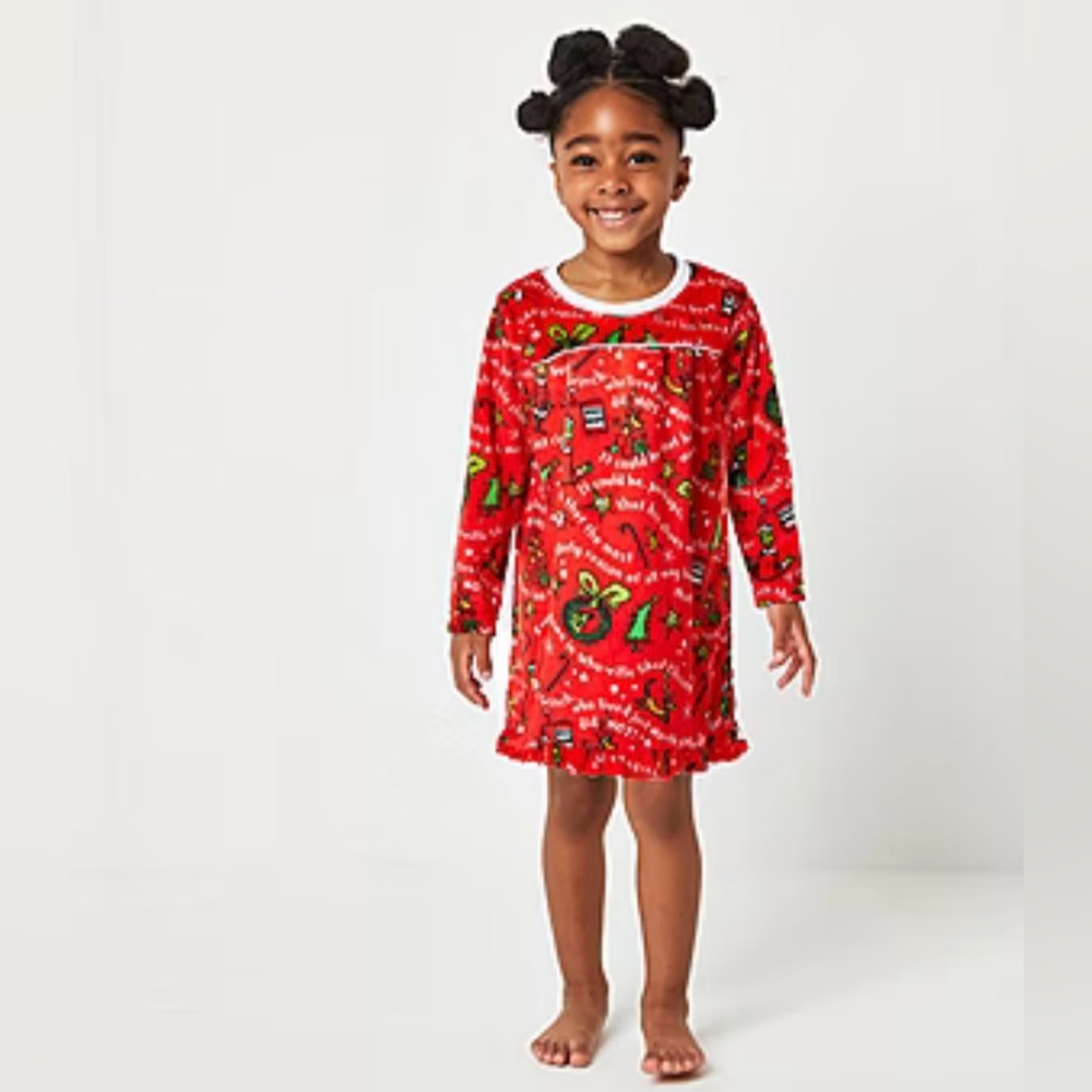 NWT Toddler Girls Grinch Long Sleeve Round Neck Nightgown  red 4T Christmas
